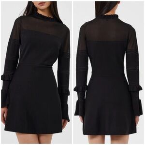 New French Connection Lindsey Mesh Frill Dress Long Sleeve Knit Fit Flare Sz XS